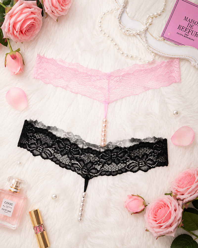Pearl Decor See-Through Lace Thong Main image