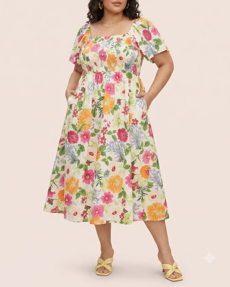 Plus Size Summer Square Neck High Waist Printed Short Sleeve Dress