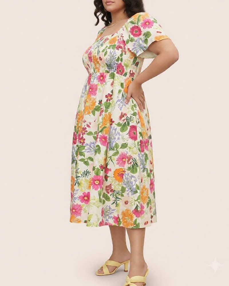 Plus Size Summer Square Neck High Waist Printed Short Sleeve Dress