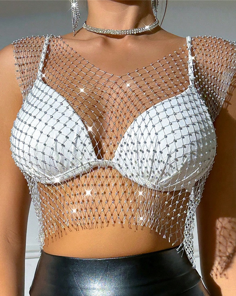 Sexy Sheer Rhinestone Fishnet Tank Top
