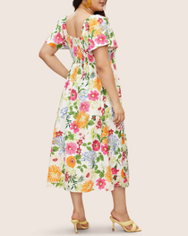 Plus Size Summer Square Neck High Waist Printed Short Sleeve Dress
