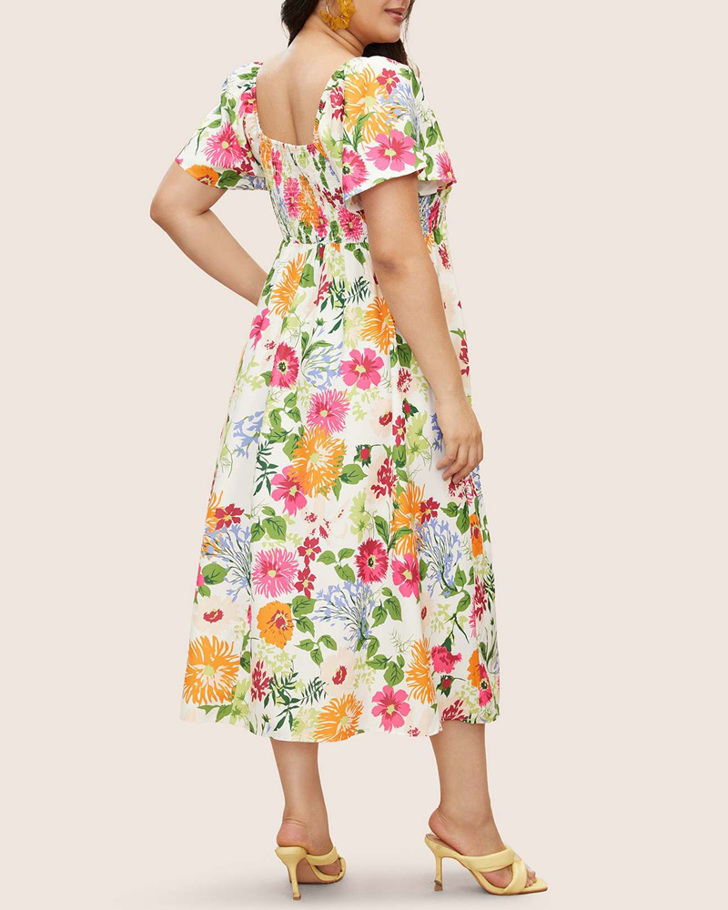 Plus Size Summer Square Neck High Waist Printed Short Sleeve Dress