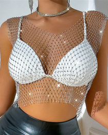 Sexy Sheer Rhinestone Fishnet Tank Top