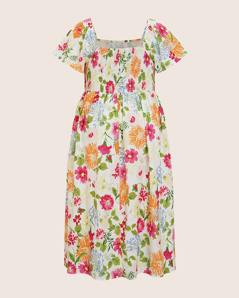 Plus Size Summer Square Neck High Waist Printed Short Sleeve Dress
