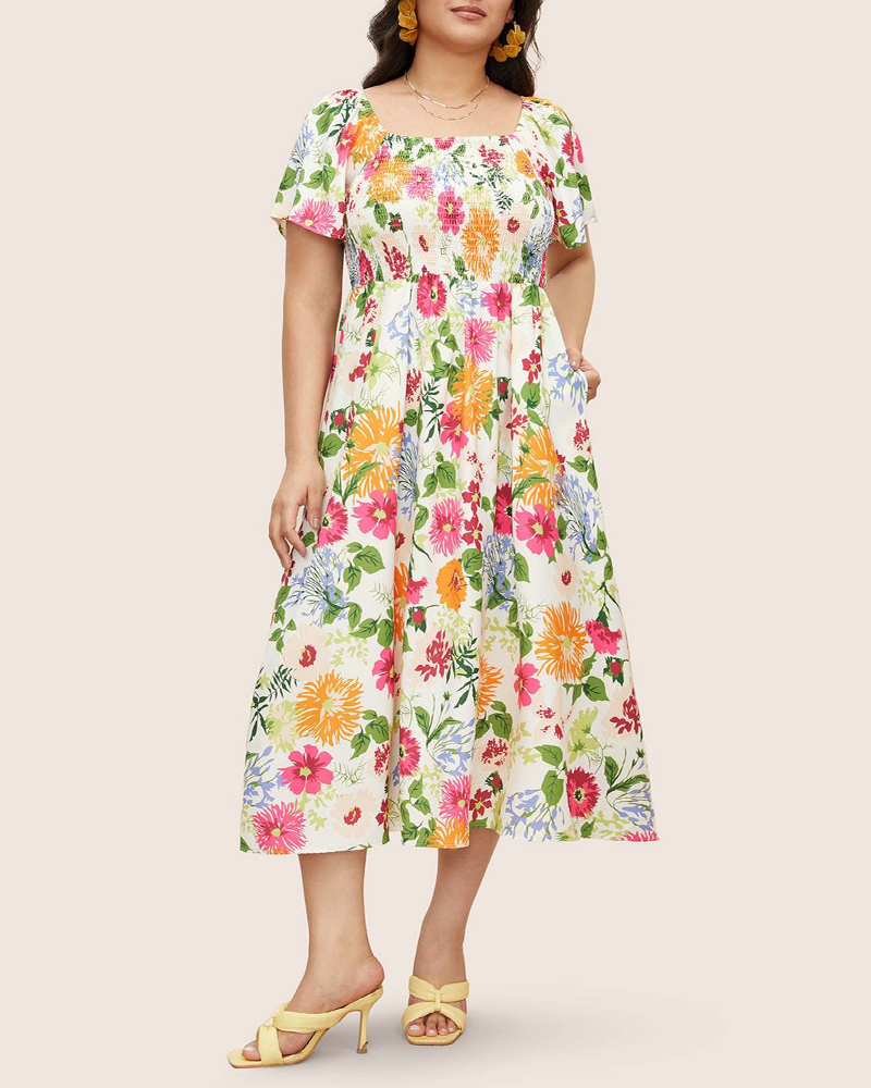 Plus Size Summer Square Neck High Waist Printed Short Sleeve Dress
