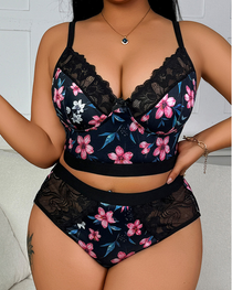 Plus Size Sexy Floral Print Lace Trim Lingerie Set