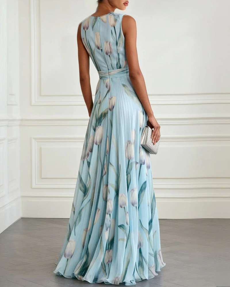 Tulip Print Chiffon Sleeveless V-Neck Maxi Dress Secondary image