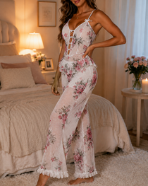 Sexy Comfortable Floral Print Sheer Cutout Sleepwear Set