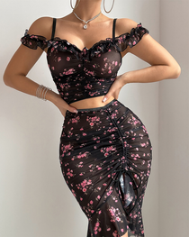 Sexy Floral Print Bodycon Sheer Maxi Skirt Set