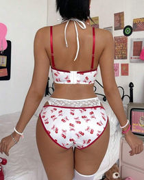Sexy Lace-Trim Cherry Print Lingerie Set