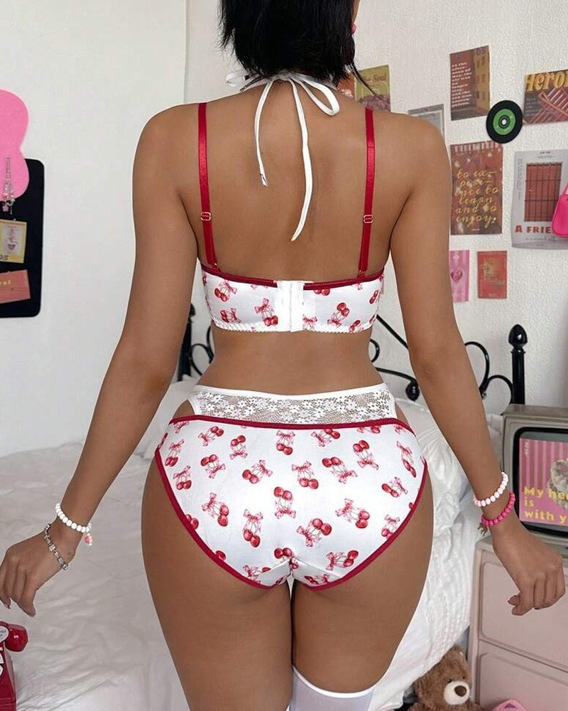 Sexy Lace-Trim Cherry Print Lingerie Set