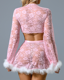 Sexy Sheer Lace Lingerie Set with Fluffy Trim