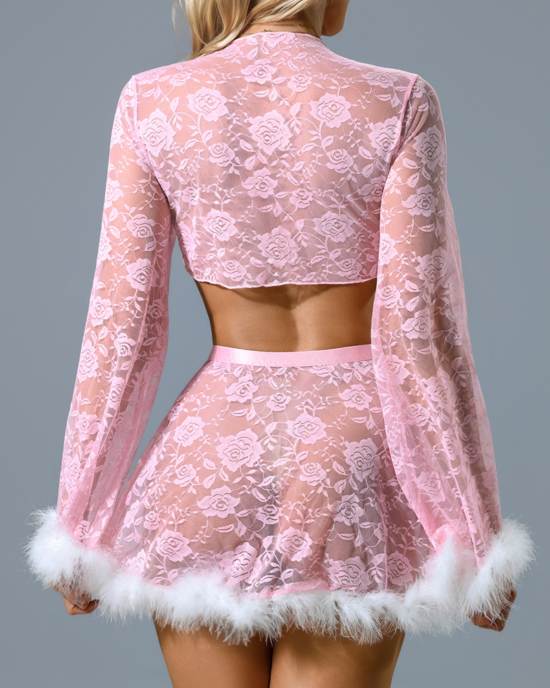 Sexy Sheer Lace Lingerie Set with Fluffy Trim