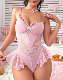 Sexy Lace Bodysuit with 3D Flower Embellishments