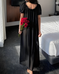 Sexy Sheer Mesh Ruffle Off-the-Shoulder Long Nightgown