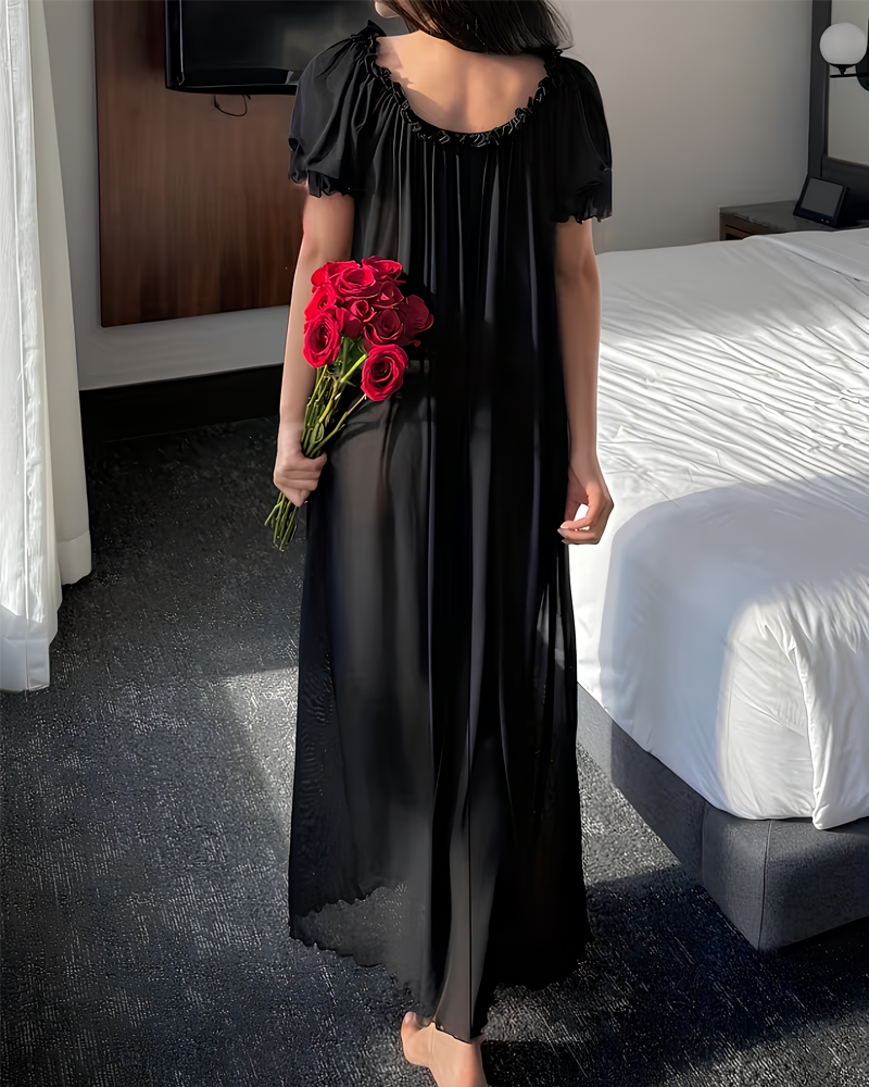 Sexy Sheer Mesh Ruffle Off-the-Shoulder Long Nightgown
