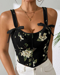 French Style Bow Lace-Up Floral Sexy Body Shaper Women's Sling Printed Slim-Fit Vest Corset