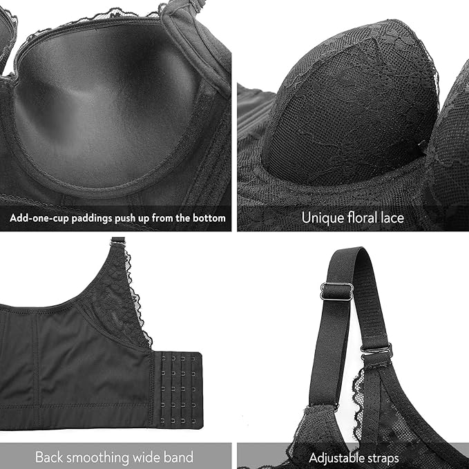 Women Lace Wide Back Underwired Longline Corset Push Up Bras