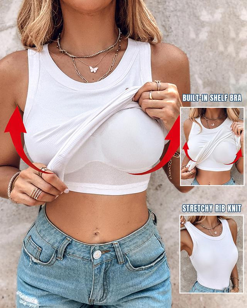 Women's Casual Comfort Round Neck Built-in Bra Ribbed Sleeveless Tank Top Main image