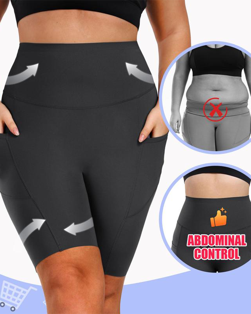 Women's Tummy Control High Waist Casual Elastic Band Pocket Yoga Sports Plus Size Shorts Secondary image