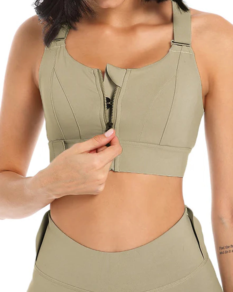 Women's Zipper Front High-Strength Support Adjustable Straps Cross Back Short Fitness Sports Bra Main image
