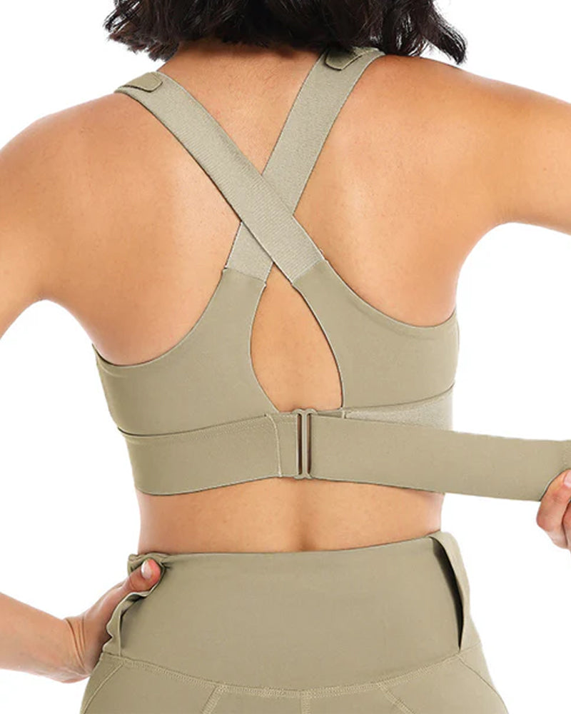 Women's Zipper Front High-Strength Support Adjustable Straps Cross Back Short Fitness Sports Bra Secondary image