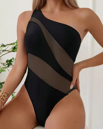 Beach Vacation Off-shoulder Transparent Mesh Colorblock Sexy One-piece Swimsuit