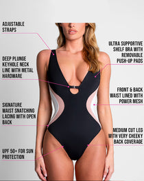 Sexy Deep V Colorblock Waist Back Drawstring One-Piece Swimsuit