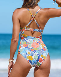 Beach Vacation Bohemian Floral Colorblock Print Low-cut Slim One-piece Tummy-control Swimsuit