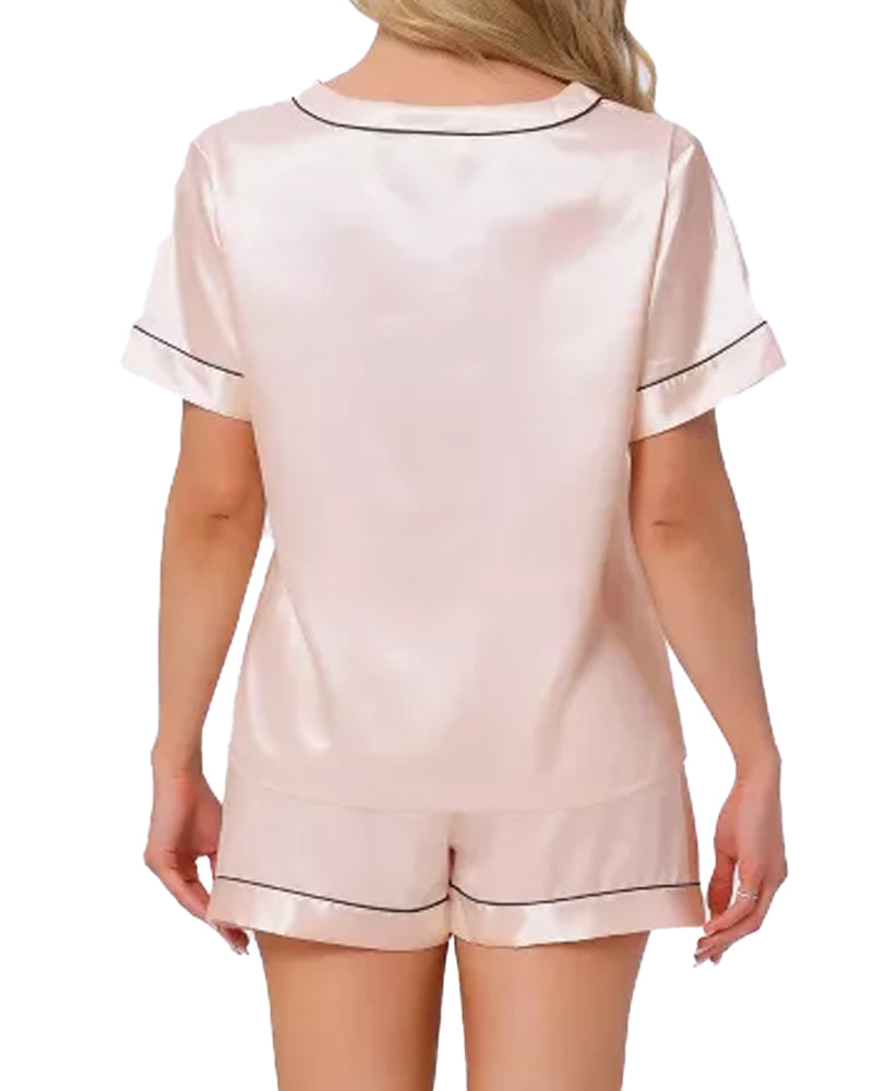 Women's Summer V-neck Short Sleeve Top and Shorts Soft Ice Silk Pajamas Home Set Secondary image