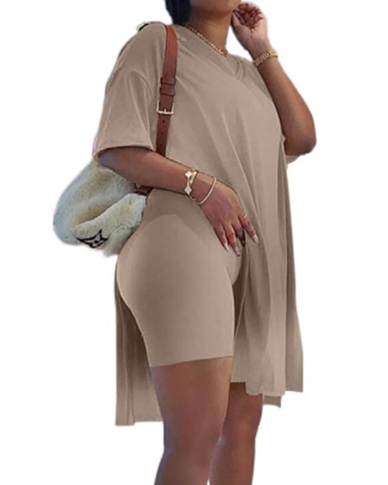Women's V-Neck Short-Sleeved Loose Top and Tight Cycling Shorts Casual Sports Suit Main image