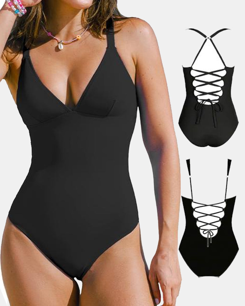 Sexy Deep V Low-Cut Slimming and Shaping Lace-Up Back Tummy-Control Adjustable Shoulder Straps One-Piece Swimsuit Main image