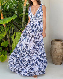 Retro Floral Colorblock Print V-Neck Lace-Up One-Piece Swimsuit and Skirt