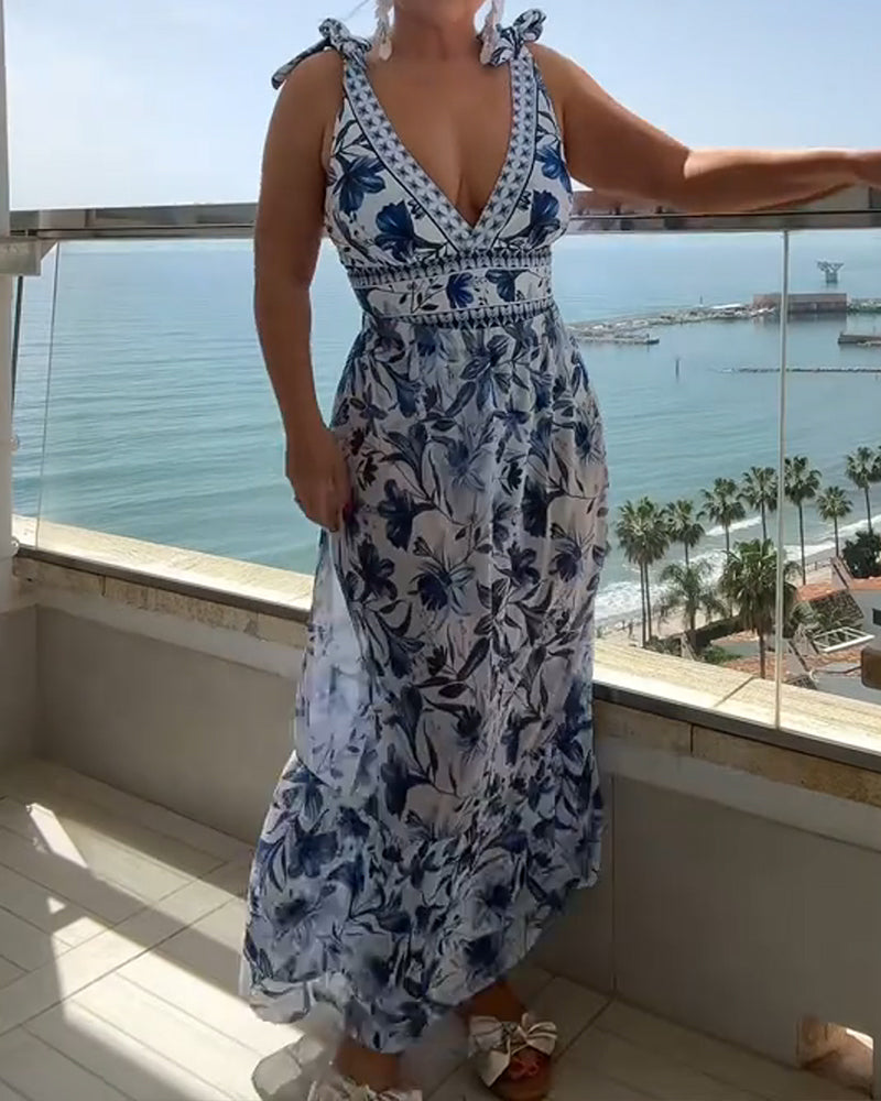 Retro Floral Colorblock Print V-Neck Lace-Up One-Piece Swimsuit and Skirt Main image