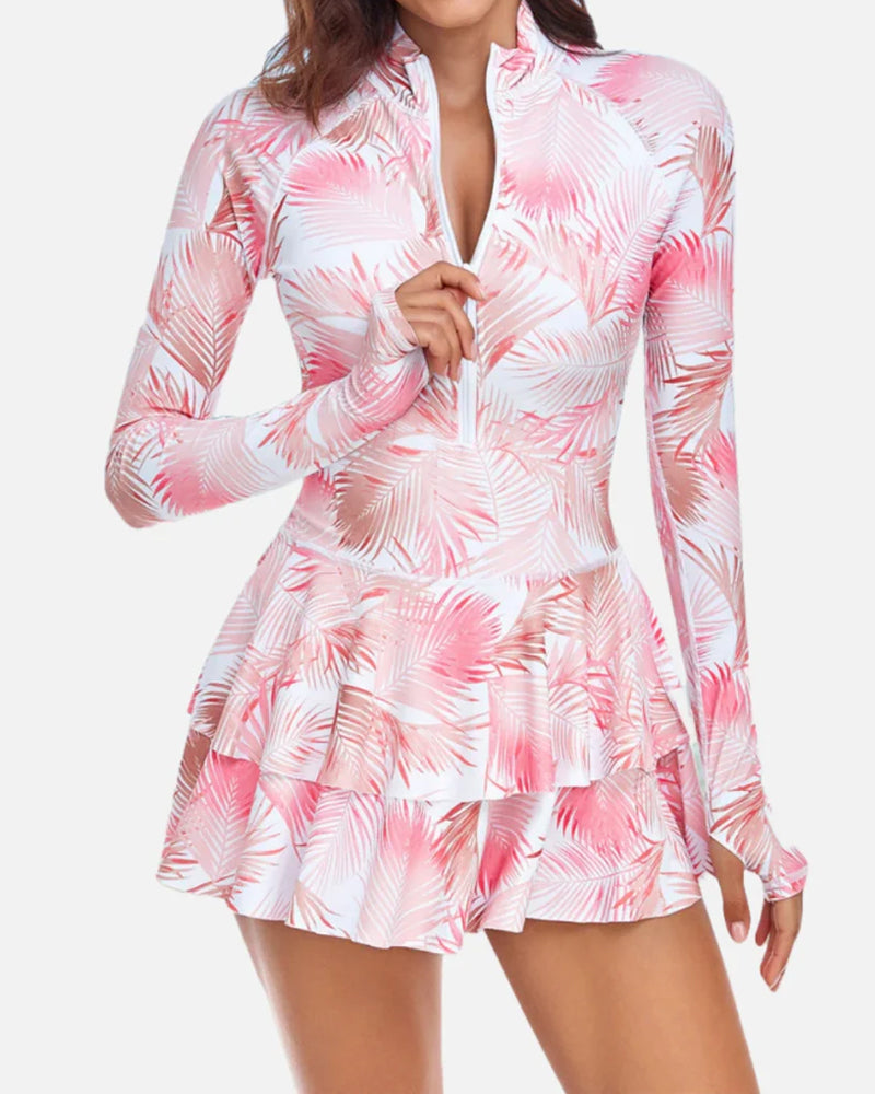 Beach Vacation Print UPF50+ Ruffled Skirt Long Sleeve One-Piece Swimsuit Main image