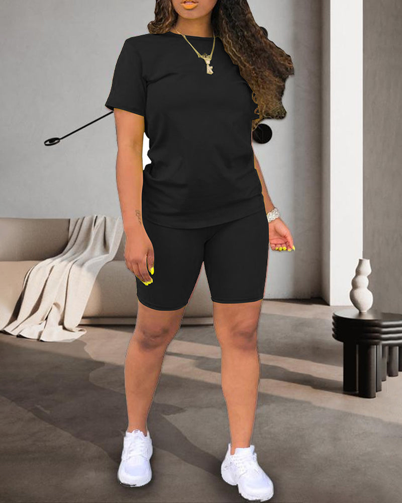 Women's Casual Sports Solid Color Comfortable Round Neck Short Sleeve T-Shirt and Tight Shorts Two-Piece Set Main image
