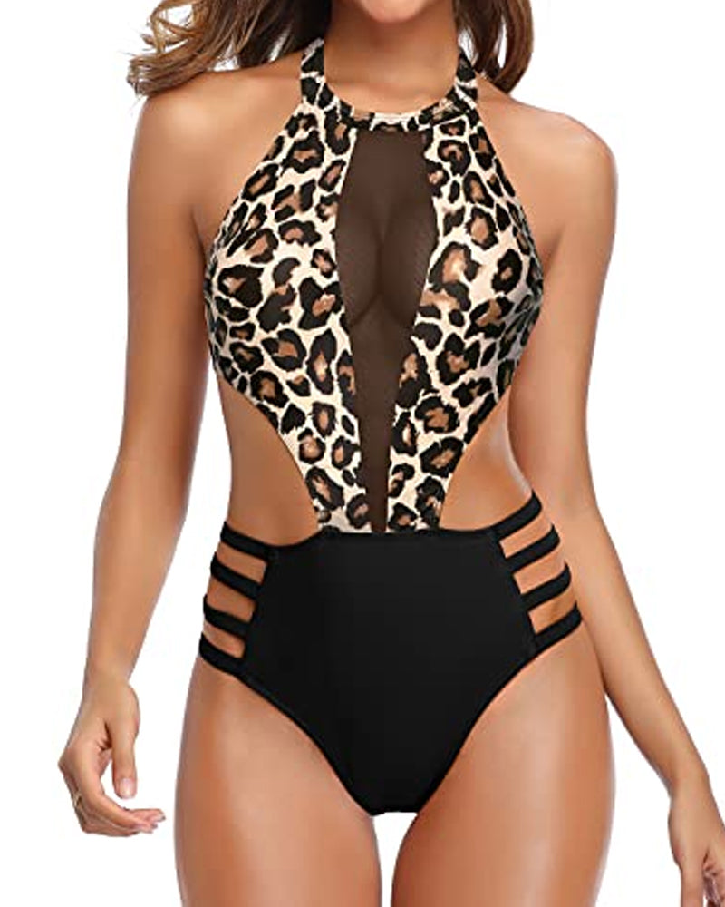 Women's Sexy Round Neck Open Back Mesh Stitching One-Piece Swimsuit Main image