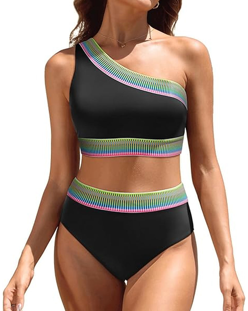 Women's One Shoulder Colorblock High Waist Bikini Set Main image