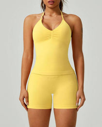 Solid Color Pleated Breathable Backless Top and High Waist Hip-Lifting Shorts Yoga Fitness Set