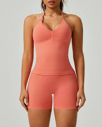 Solid Color Pleated Breathable Backless Top and High Waist Hip-Lifting Shorts Yoga Fitness Set