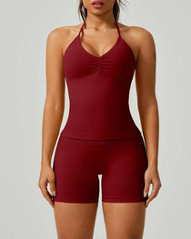 Solid Color Pleated Breathable Backless Top and High Waist Hip-Lifting Shorts Yoga Fitness Set