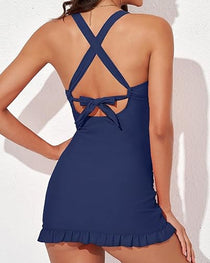 Women's V-Neck Sexy Belly-Control Backless Skirt One-Piece Swimsuit With Swimming Trunks Set