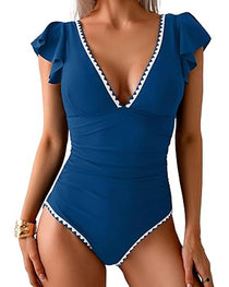 Deep V Ruffle Short-Sleeve Tummy-Controlling Printed One-Piece Swimsuit