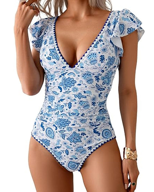 Deep V Ruffle Short-Sleeve Tummy-Controlling Printed One-Piece Swimsuit