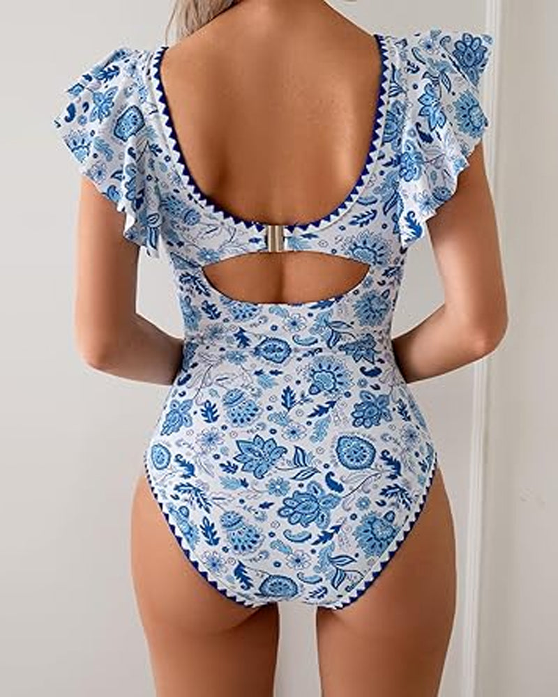 Deep V Ruffle Short-Sleeve Tummy-Controlling Printed One-Piece Swimsuit Secondary image