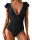 Deep V Ruffle Short-Sleeve Tummy-Controlling Printed One-Piece Swimsuit