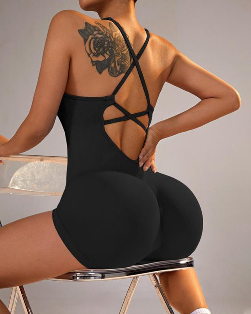 Women's Solid Color Cross Backless Adjustable Straps Sleeveless Bodycon Yoga Sports Bodysuit Secondary image