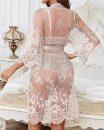 Women's Sexy Lace Bra Panties and Mesh Nightgown 3-Piece Set