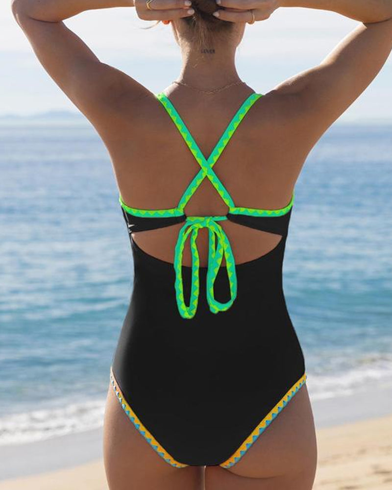 Women's Contrast Color Cross Strap Sexy Sleeveless Low Cut One-Piece Swimsuit