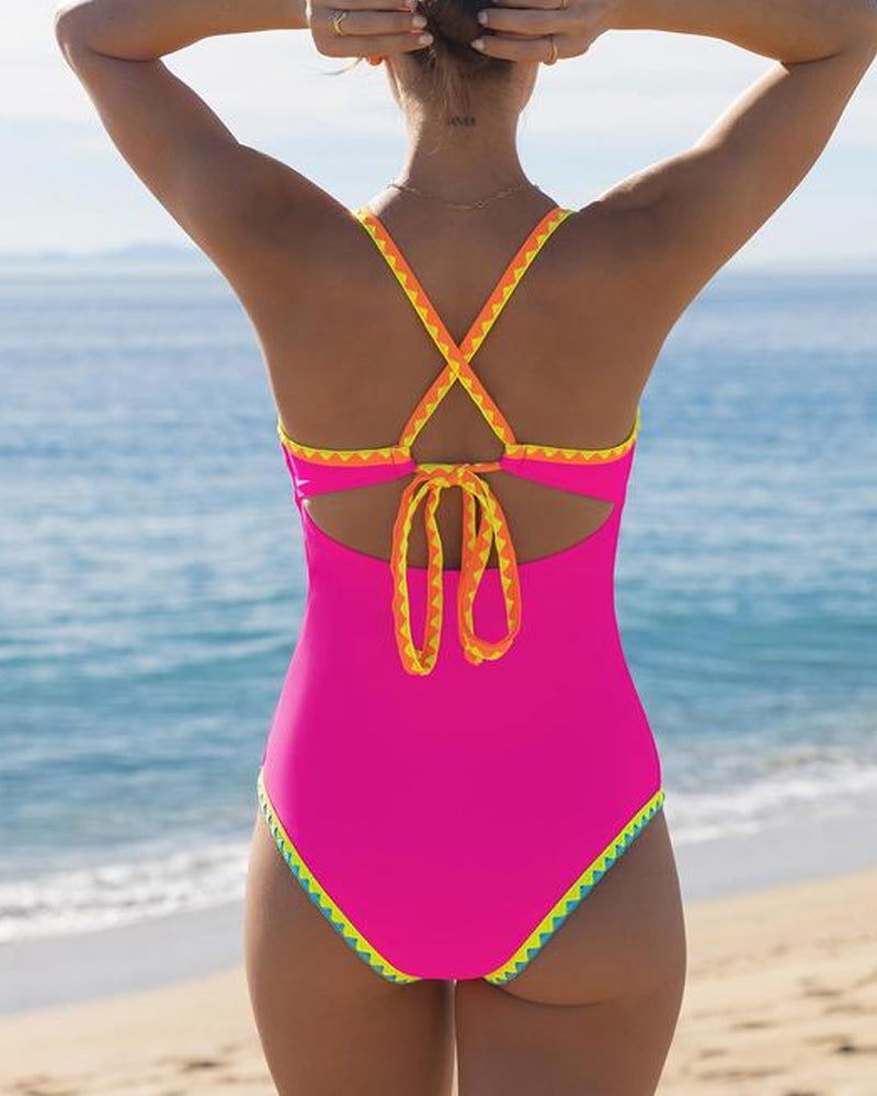 Women's Contrast Color Cross Strap Sexy Sleeveless Low Cut One-Piece Swimsuit Secondary image